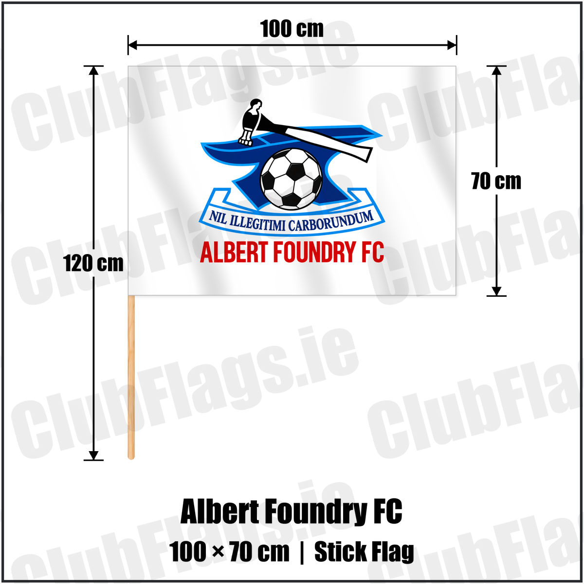 Albert Foundry FC 70cm x 100cm Stick Flag with the club crest and colours, Antrim Football - ClubFlags.ie