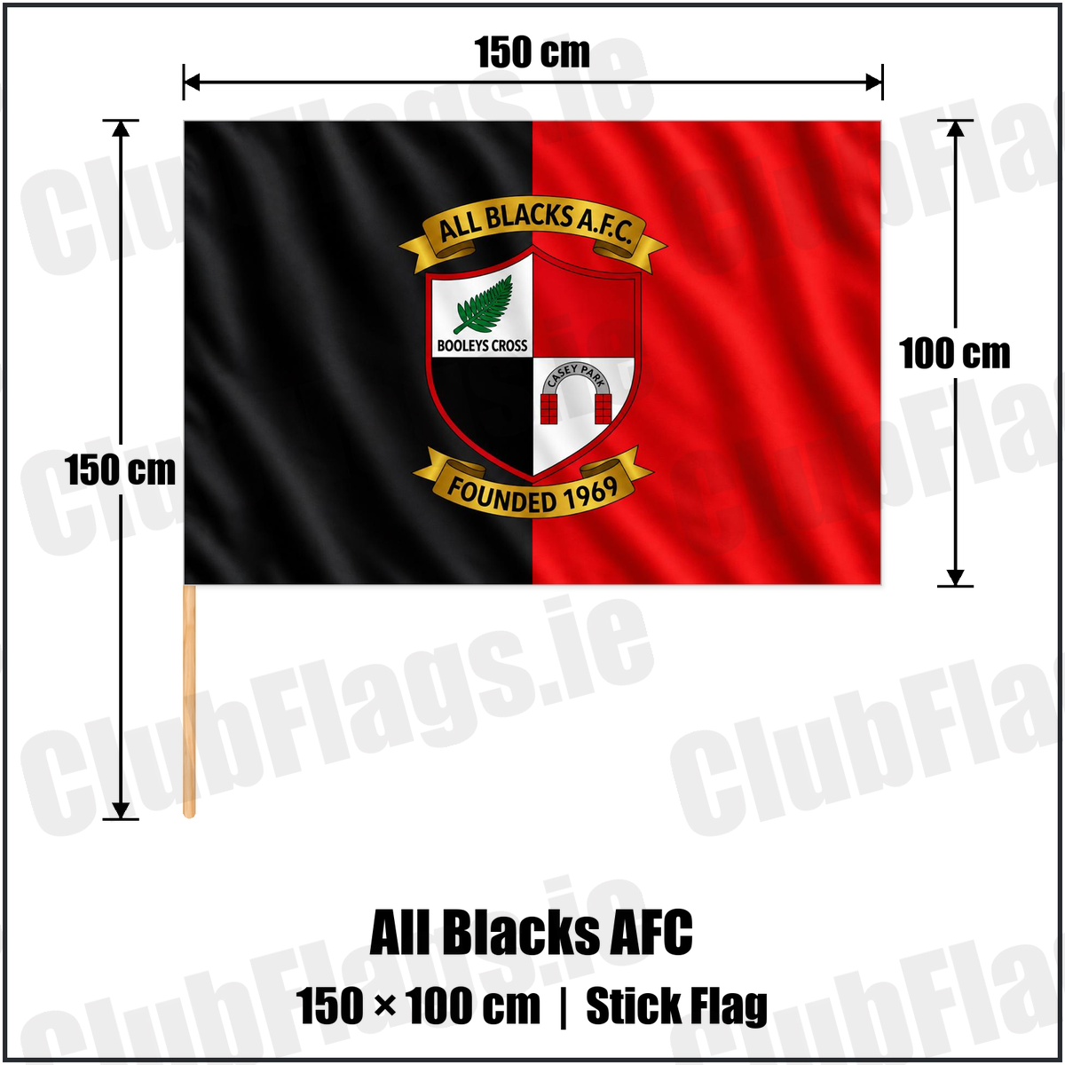 All Blacks AFC 100cm x 150cm Stick Flag with the complete original crest on black and red fabric, Wexford Football - ClubFlags.ie