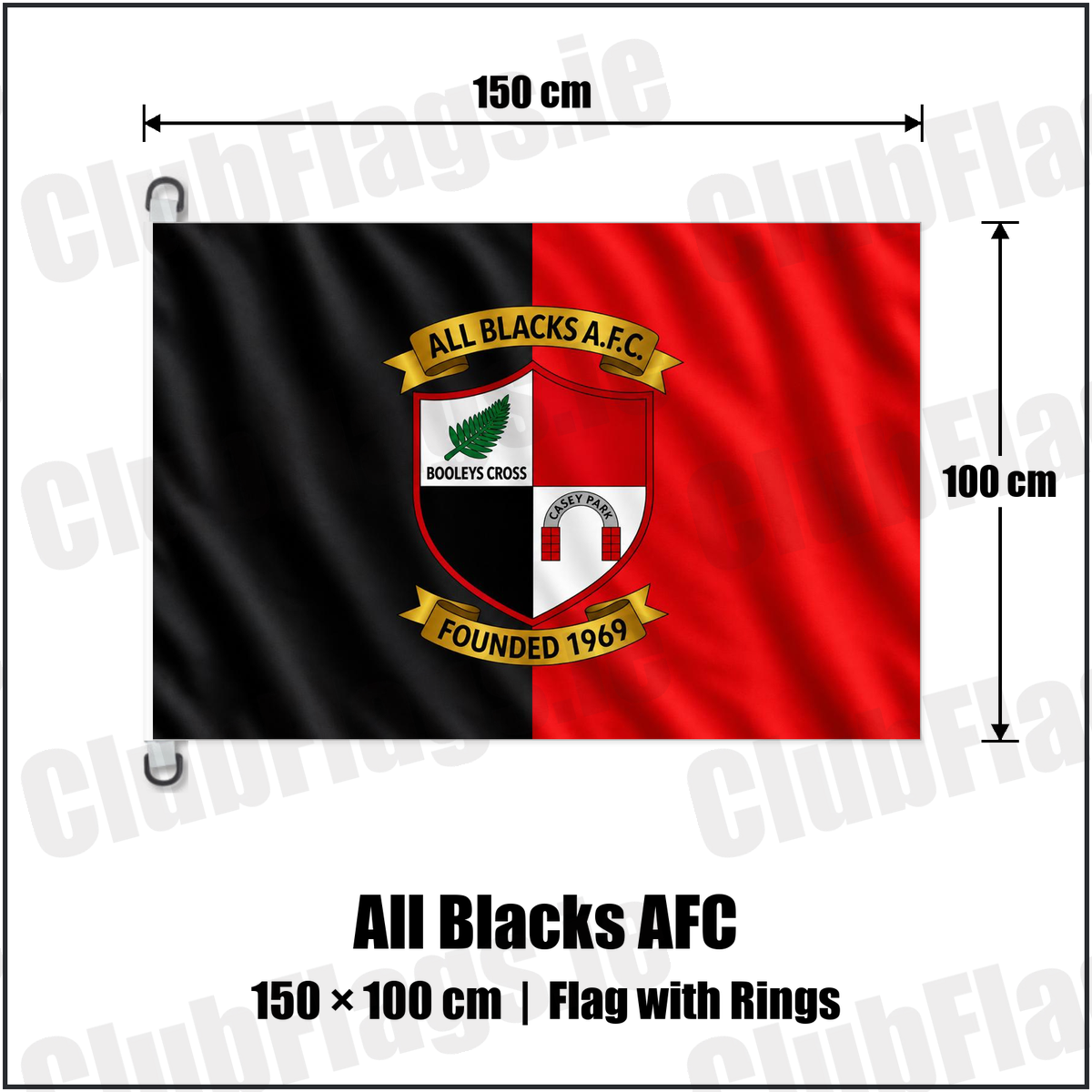 All Blacks AFC 150cm x 100cm Flag Pole Flag with Rings with the complete original crest on black and red fabric, Wexford Football - ClubFlags.ie