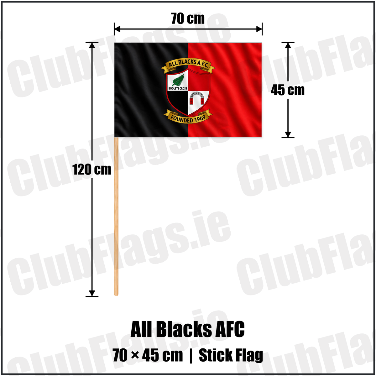 All Blacks AFC 45cm x 70cm Stick Flag with the complete original crest on black and red fabric, Wexford Football - ClubFlags.ie
