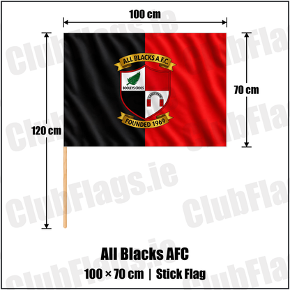 All Blacks AFC 70cm x 100cm Stick Flag with the complete original crest on black and red fabric, Wexford Football - ClubFlags.ie