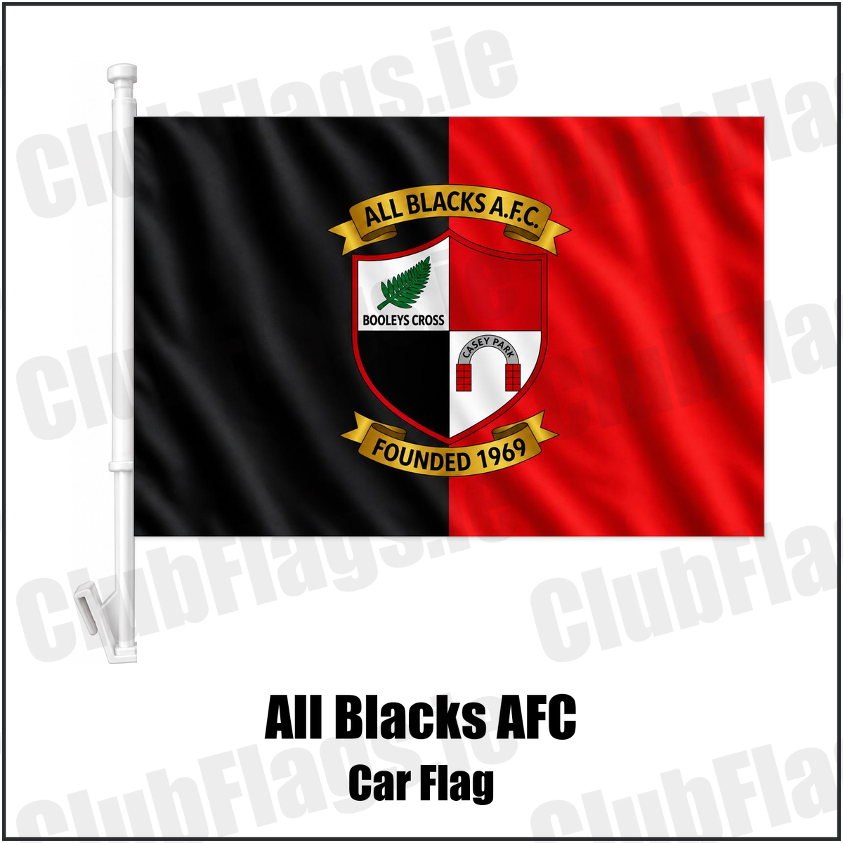 All Blacks AFC Car Flag with the complete original crest on black and red fabric, Wexford Football - ClubFlags.ie