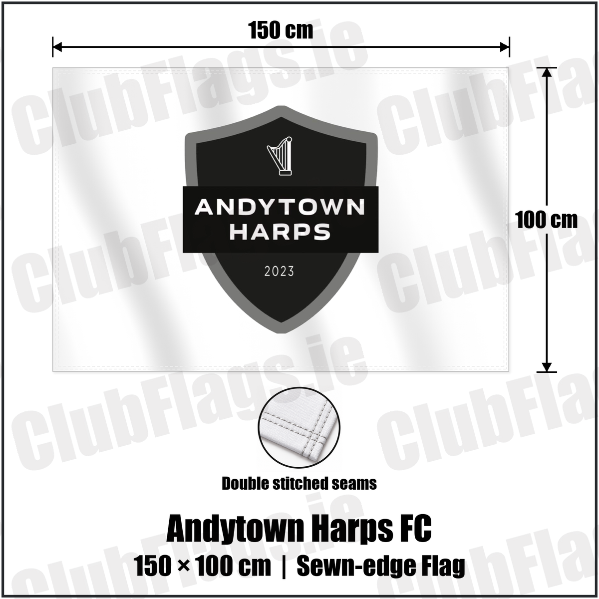 Andytown Harps FC 100cm x 150cm Flag (sewn on the edges) with the club crest and colours, Antrim Football - ClubFlags.ie