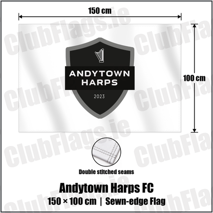 Andytown Harps FC 100cm x 150cm Flag (sewn on the edges) with the club crest and colours, Antrim Football - ClubFlags.ie