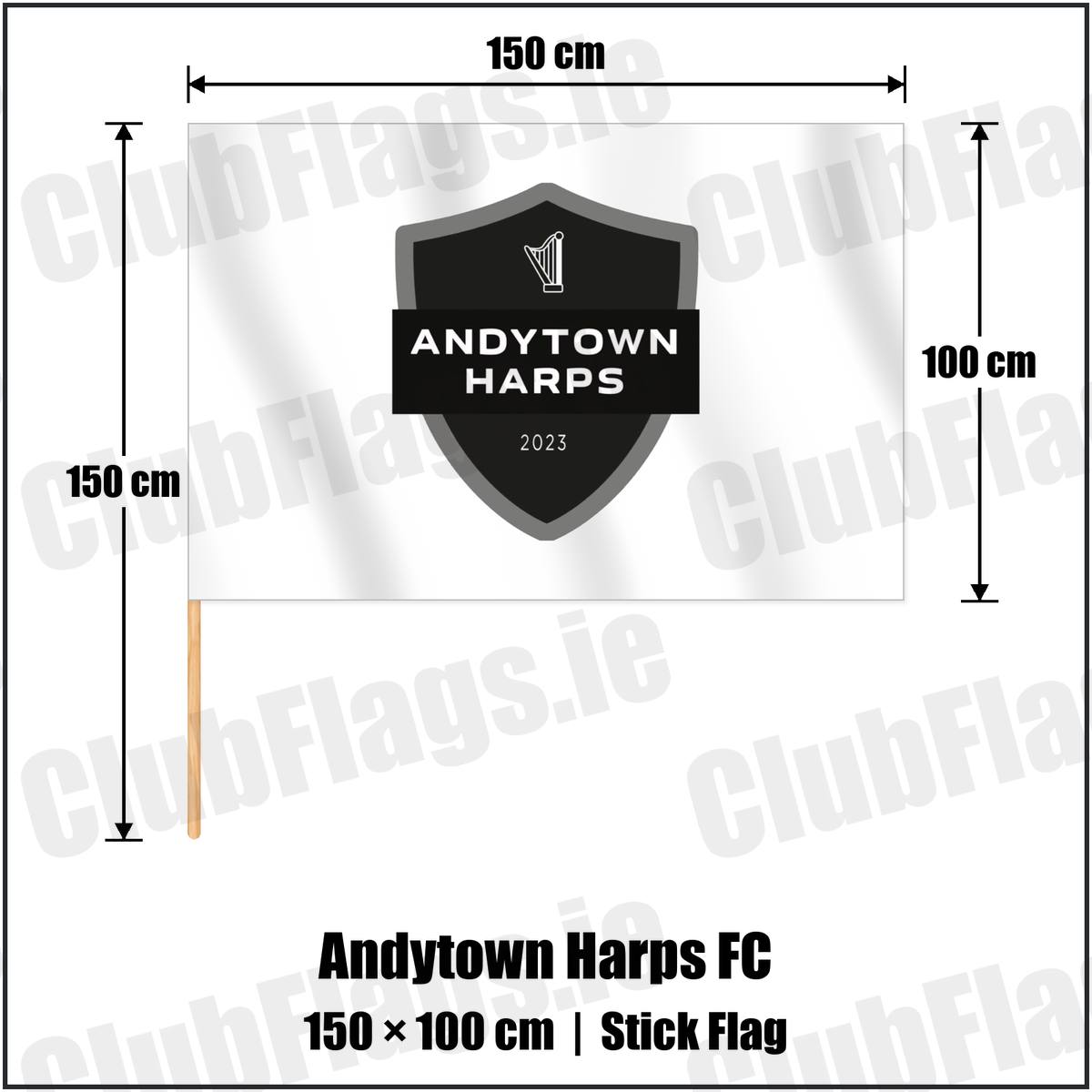 Andytown Harps FC 100cm x 150cm Stick Flag with the club crest and colours, Antrim Football - ClubFlags.ie