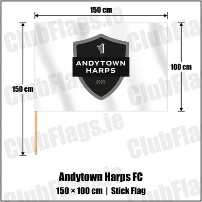 Andytown Harps FC 100cm x 150cm Stick Flag with the club crest and colours, Antrim Football - ClubFlags.ie