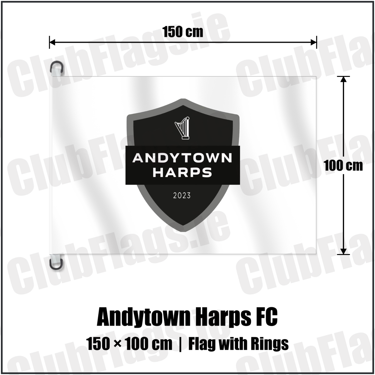 Andytown Harps FC 150cm x 100cm Flag Pole Flag with Rings with the club crest and colours, Antrim Football - ClubFlags.ie