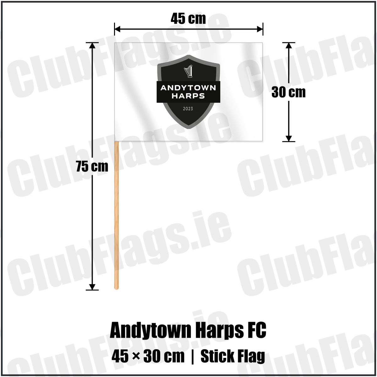 Andytown Harps FC 30cm x 45cm Stick Flag with the club crest and colours, Antrim Football - ClubFlags.ie