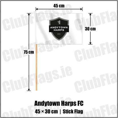 Andytown Harps FC 30cm x 45cm Stick Flag with the club crest and colours, Antrim Football - ClubFlags.ie