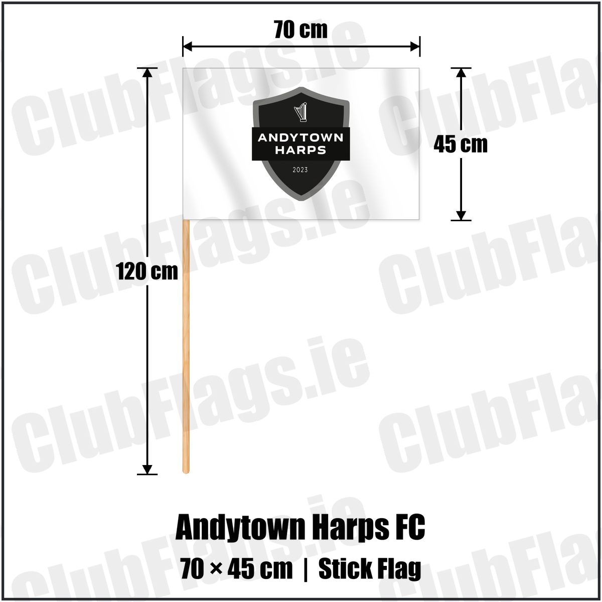Andytown Harps FC 45cm x 70cm Stick Flag with the club crest and colours, Antrim Football - ClubFlags.ie