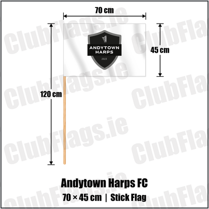 Andytown Harps FC 45cm x 70cm Stick Flag with the club crest and colours, Antrim Football - ClubFlags.ie