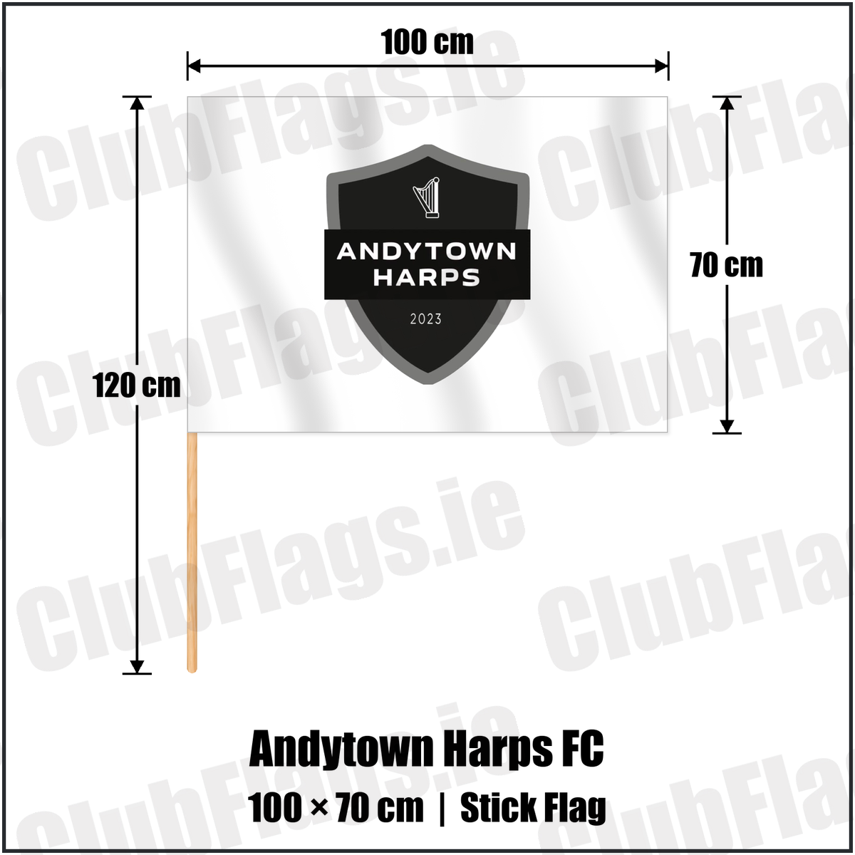 Andytown Harps FC 70cm x 100cm Stick Flag with the club crest and colours, Antrim Football - ClubFlags.ie