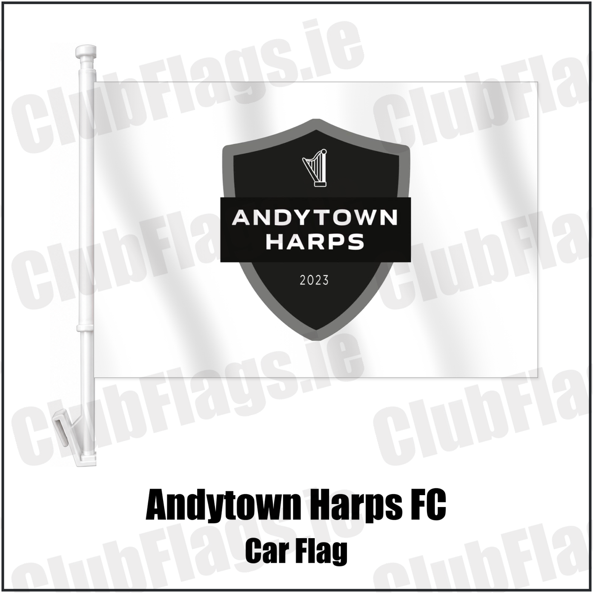 Andytown Harps FC Car Flag with the club crest and colours, Antrim Football - ClubFlags.ie