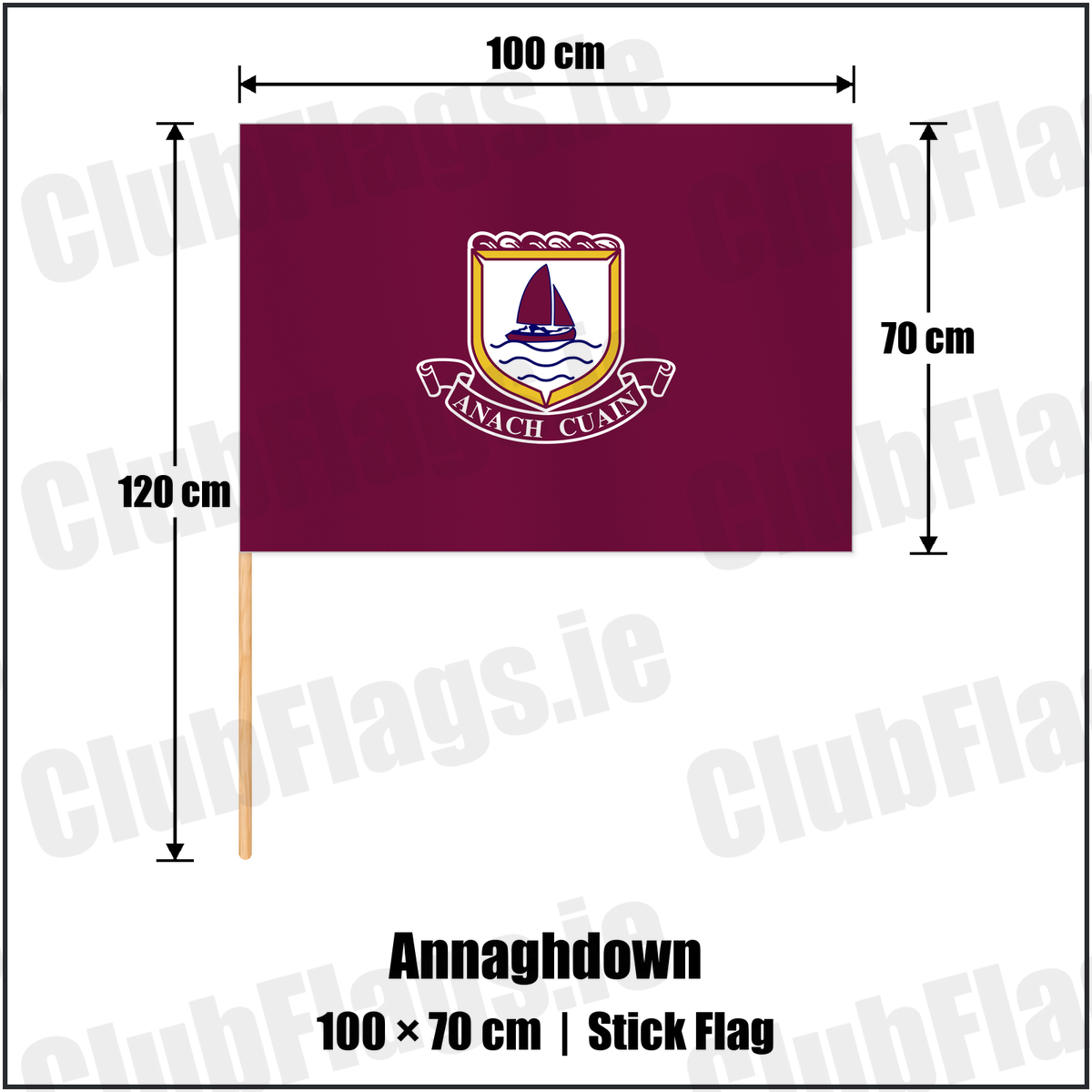 Annaghdown 70cm x 100cm Stick Flag with the club crest and colours, Galway GAA - ClubFlags.ie