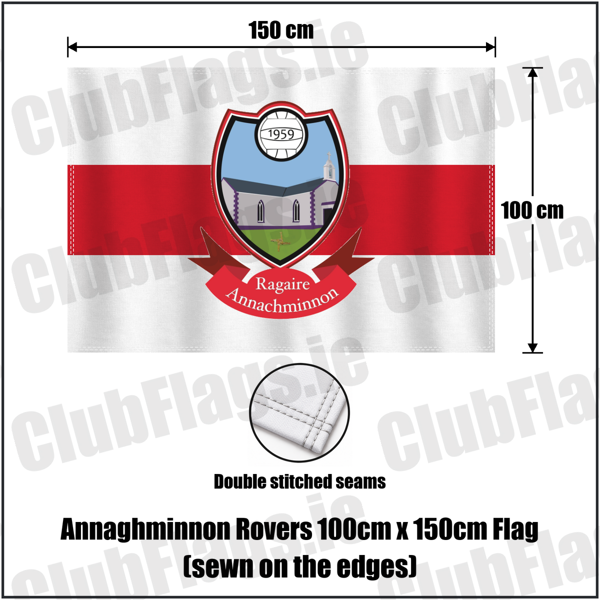 Annaghminnon Rovers 100cm x 150cm Flag (sewn on the edges), featuring the club crest and white and red colours; County Louth GAA. ClubFlags.ie.