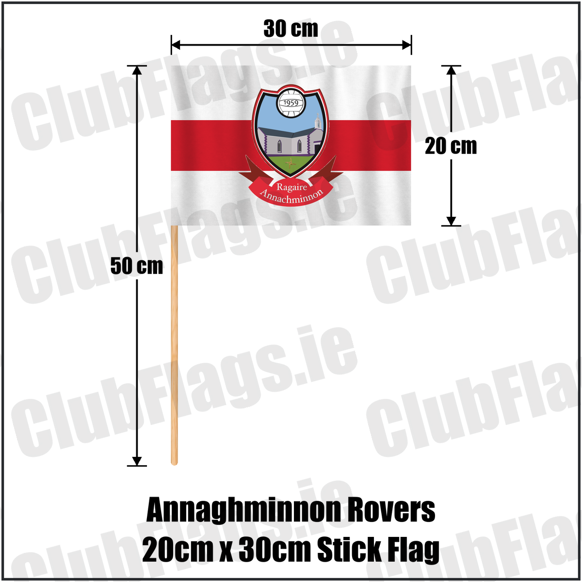 Annaghminnon Rovers 20cm x 30cm Stick Flag, featuring the club crest and white and red colours; County Louth GAA. ClubFlags.ie.