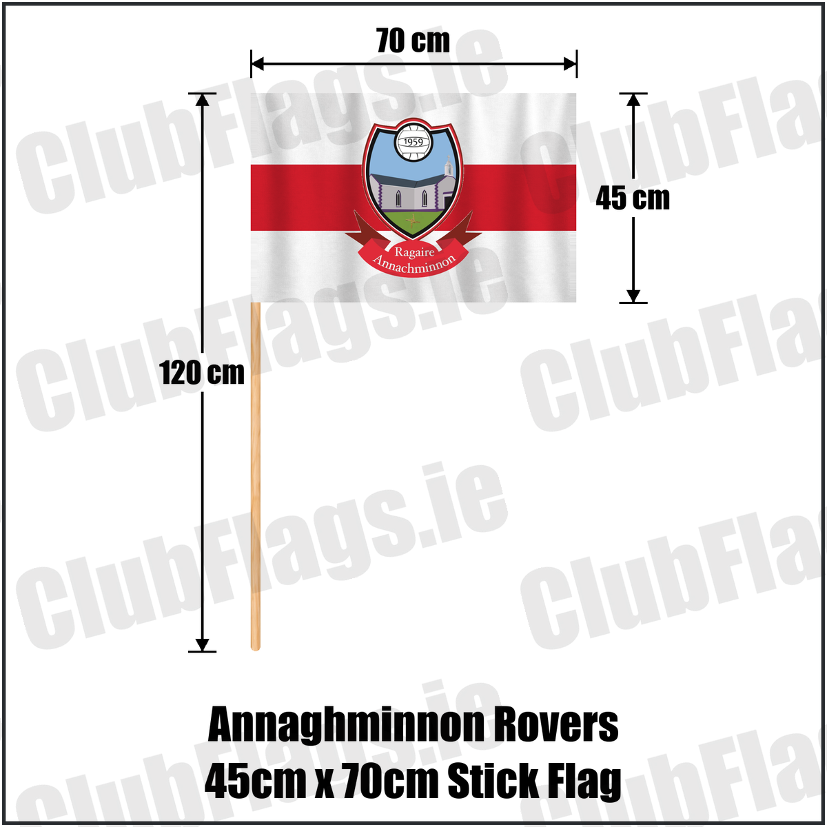 Annaghminnon Rovers 45cm x 70cm Stick Flag, featuring the club crest and white and red colours; County Louth GAA. ClubFlags.ie.