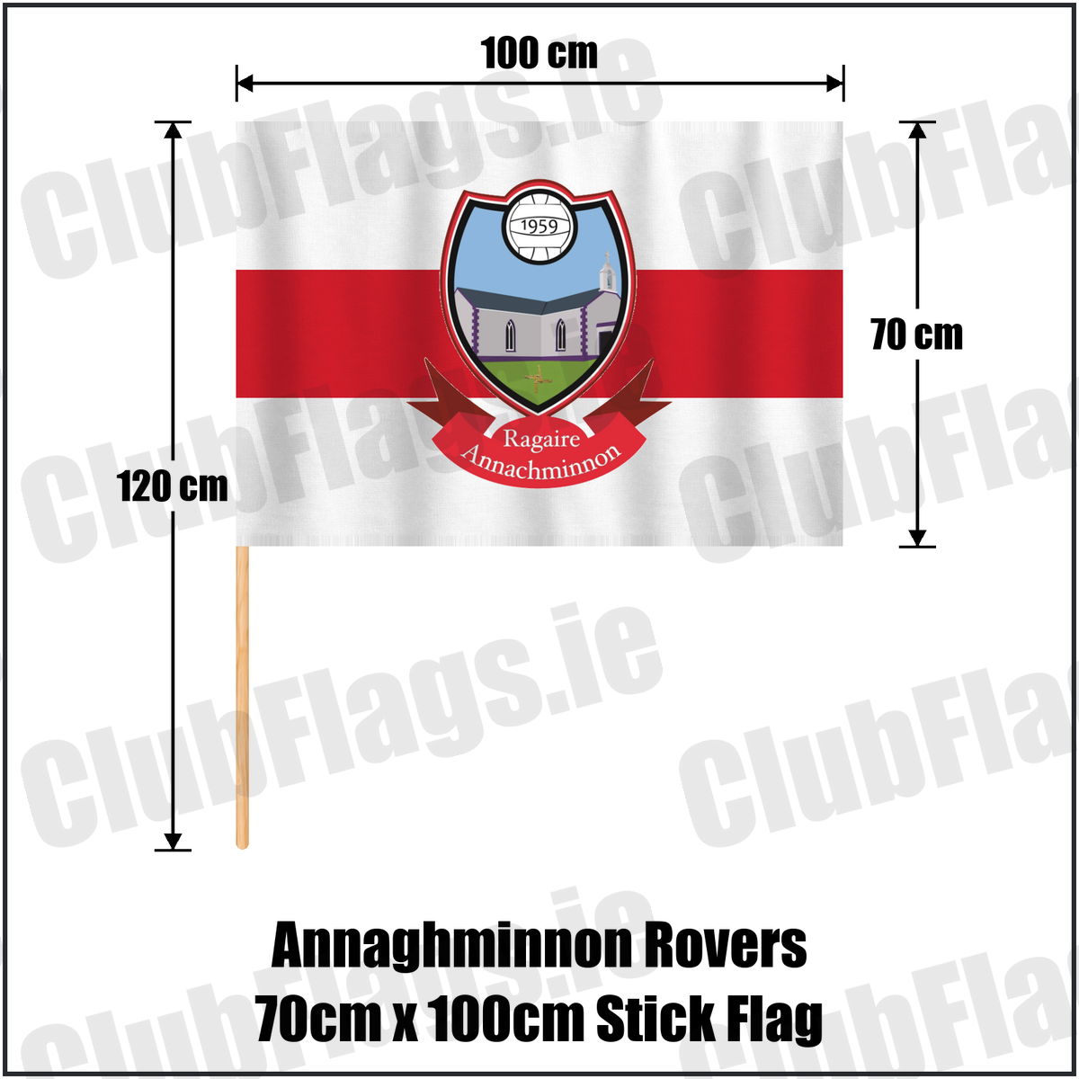 Annaghminnon Rovers 70cm x 100cm Stick Flag, featuring the club crest and white and red colours; County Louth GAA. ClubFlags.ie.