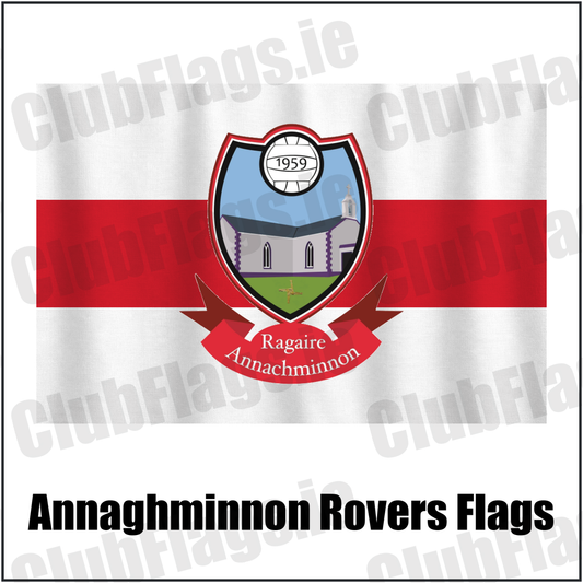 Annaghminnon Rovers Flags, featuring the club crest and white and red colours; County Louth GAA. ClubFlags.ie.