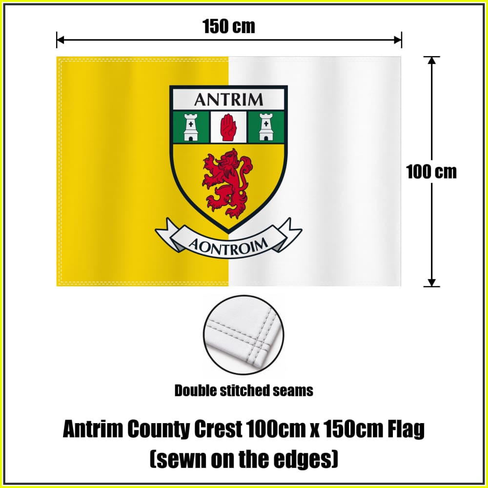 Antrim county crest 100 × 150 cm sewn-edge flag in yellow and white, with dimension arrows and a double-stitch seam close-up.