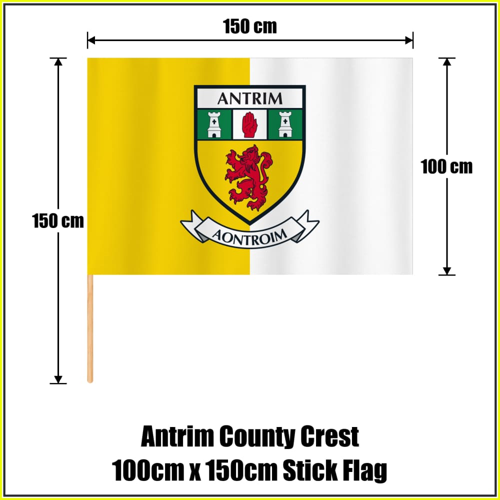 Antrim county crest 100 × 150 cm stick flag in yellow and white, with a 150 cm wooden stick and dimension arrows.