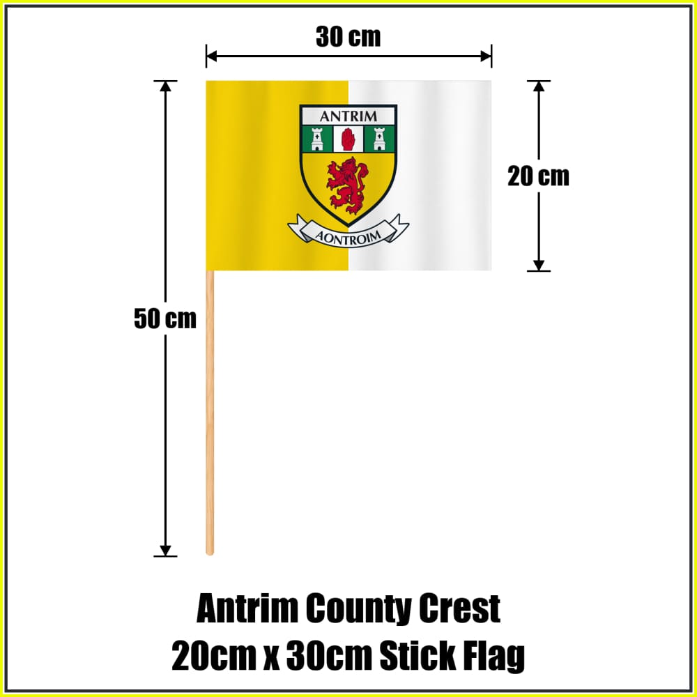 Antrim county crest 20 × 30 cm stick flag in yellow and white, with a 50 cm wooden stick and dimension arrows.