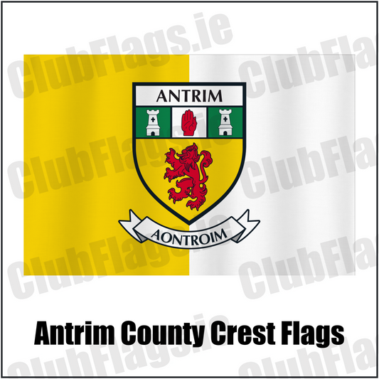 Antrim county crest flag in yellow and white, with county name and crest.