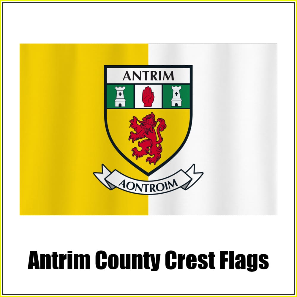 Antrim county crest flag in yellow and white, with county name and crest.