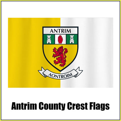 Antrim county crest flag in yellow and white, with county name and crest.
