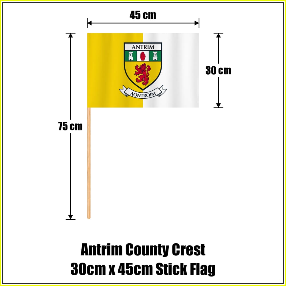 Antrim county crest 30 × 45 cm stick flag in yellow and white, with a 75 cm wooden stick and dimension arrows.