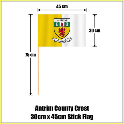 Antrim county crest 30 × 45 cm stick flag in yellow and white, with a 75 cm wooden stick and dimension arrows.