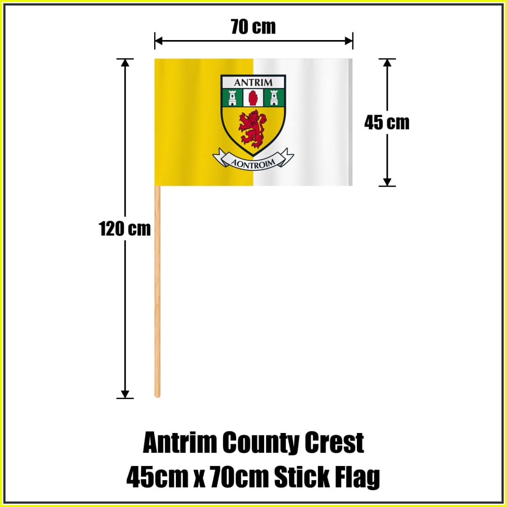 Antrim county crest 45 × 70 cm stick flag in yellow and white, with a 120 cm wooden stick and dimension arrows.