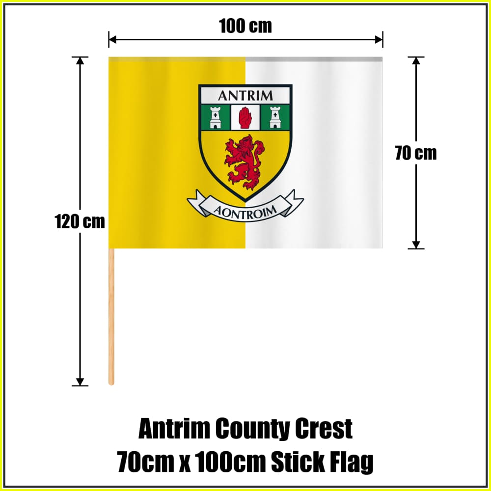 Antrim county crest 70 × 100 cm stick flag in yellow and white, with a 120 cm wooden stick and dimension arrows.