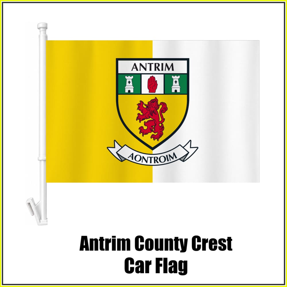 Antrim county crest car flag in yellow and white, on a white plastic window mount.