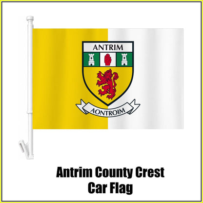 Antrim county crest car flag in yellow and white, on a white plastic window mount.