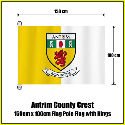 Antrim county crest flag, 150 cm wide × 100 cm high, in yellow and white, with two dark attachment rings on white tabs and no pole.
