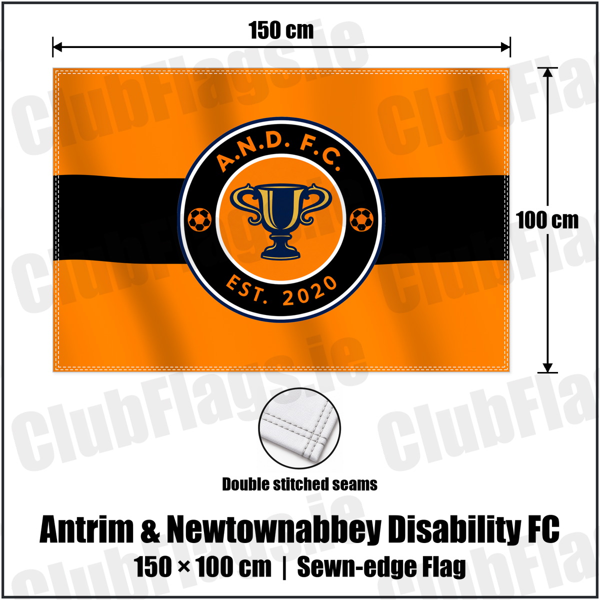 Antrim & Newtownabbey Disability FC 100cm x 150cm Flag (sewn on the edges) with the club crest and colours, Antrim Football - ClubFlags.ie