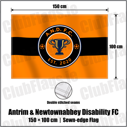 Antrim & Newtownabbey Disability FC 100cm x 150cm Flag (sewn on the edges) with the club crest and colours, Antrim Football - ClubFlags.ie