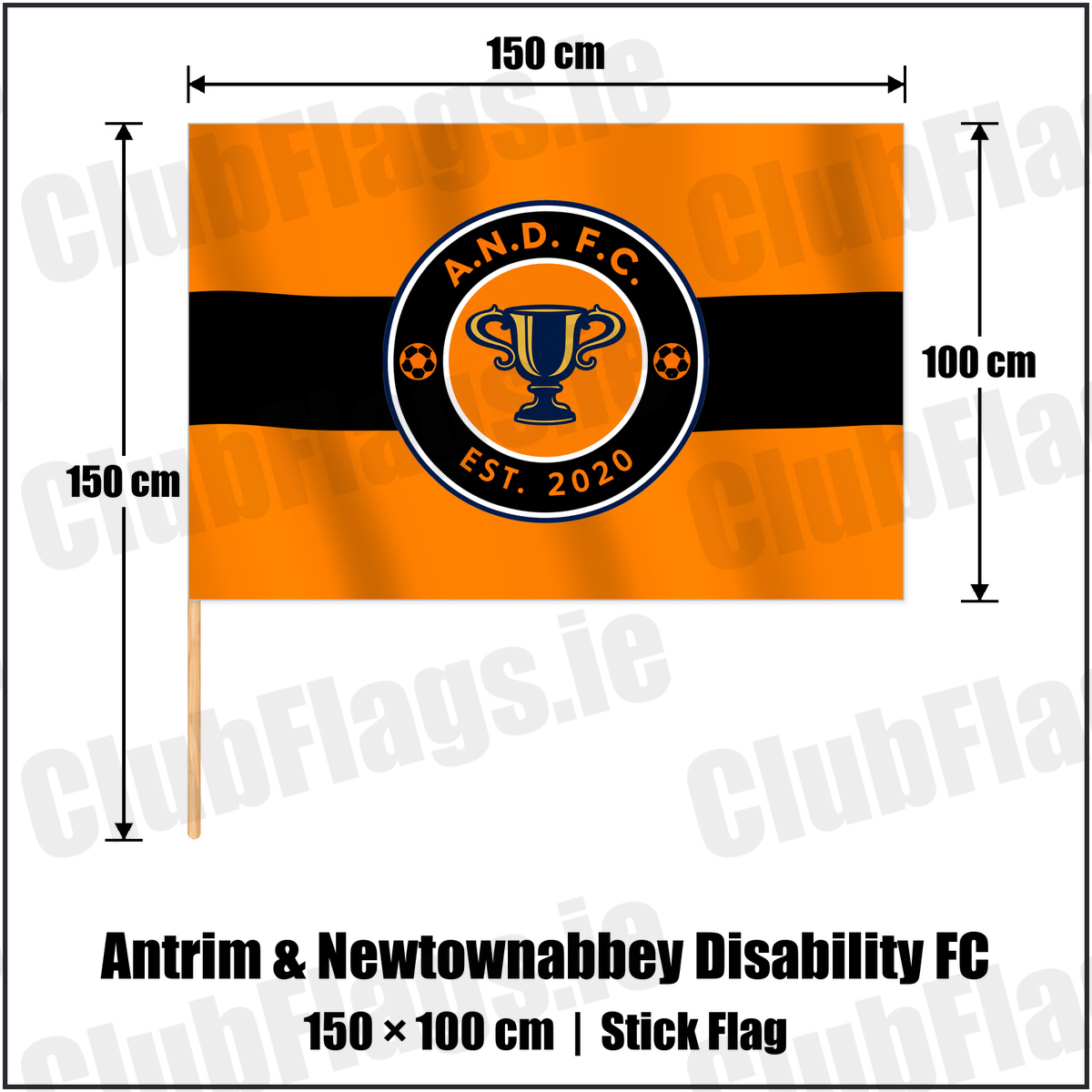 Antrim & Newtownabbey Disability FC 100cm x 150cm Stick Flag with the club crest and colours, Antrim Football - ClubFlags.ie