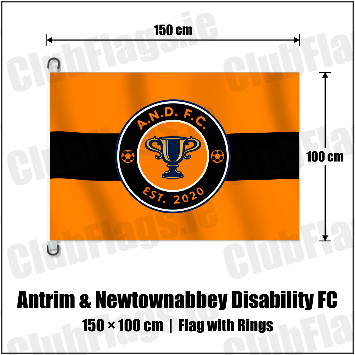 Antrim & Newtownabbey Disability FC 150cm x 100cm Flag Pole Flag with Rings with the club crest and colours, Antrim Football - ClubFlags.ie