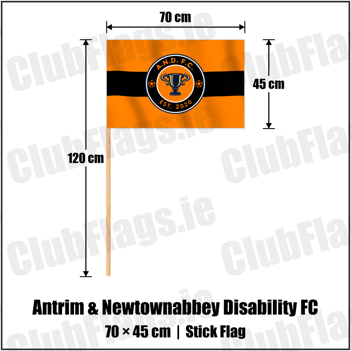 Antrim & Newtownabbey Disability FC 45cm x 70cm Stick Flag with the club crest and colours, Antrim Football - ClubFlags.ie