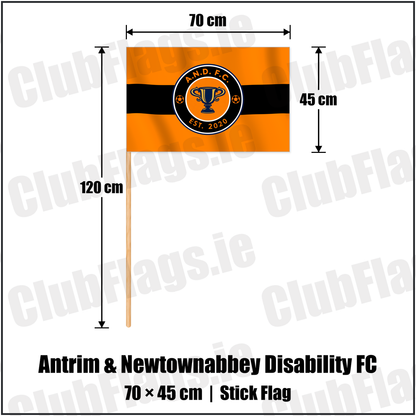 Antrim & Newtownabbey Disability FC 45cm x 70cm Stick Flag with the club crest and colours, Antrim Football - ClubFlags.ie