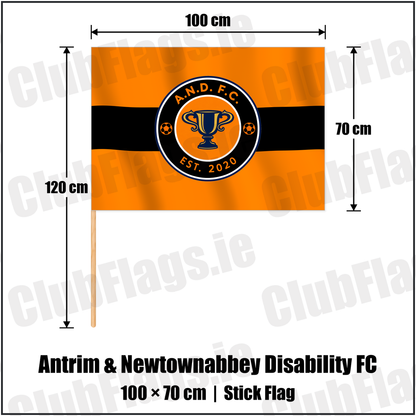 Antrim & Newtownabbey Disability FC 70cm x 100cm Stick Flag with the club crest and colours, Antrim Football - ClubFlags.ie