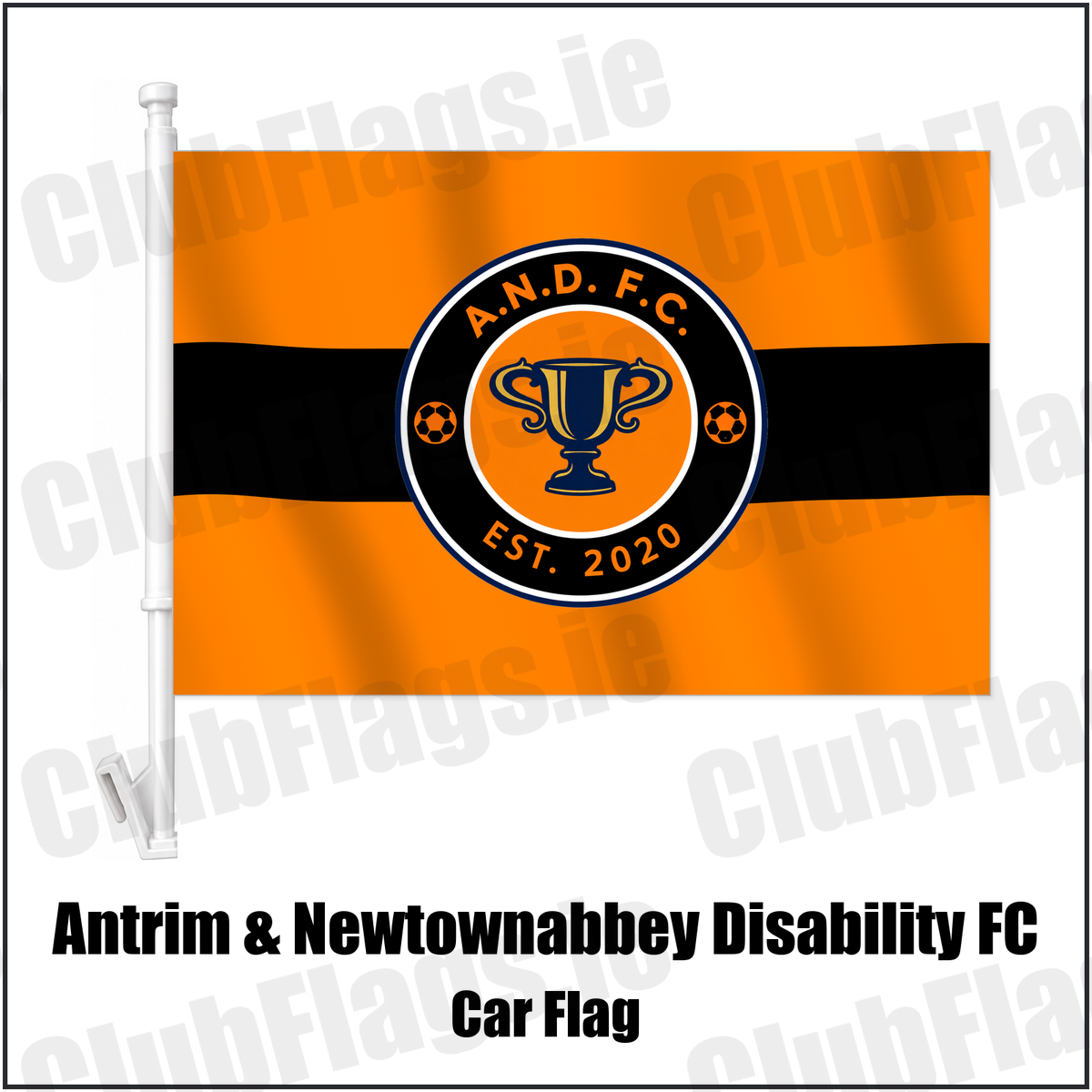 Antrim & Newtownabbey Disability FC Car Flag with the club crest and colours, Antrim Football - ClubFlags.ie