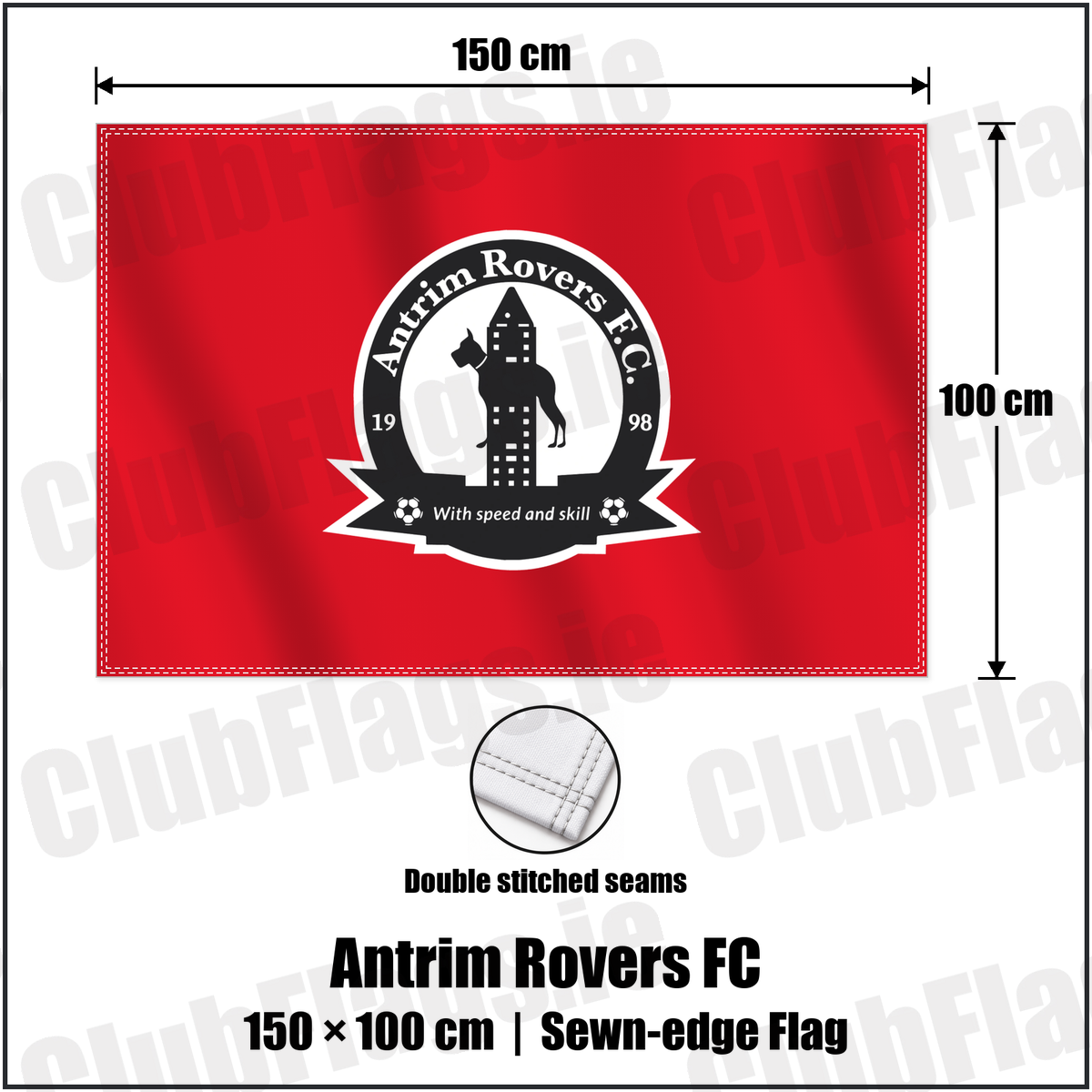 Antrim Rovers FC 100cm x 150cm Flag (sewn on the edges) with the club crest and colours, Antrim Football - ClubFlags.ie