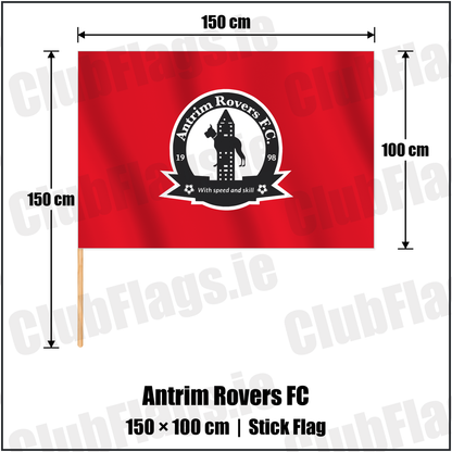 Antrim Rovers FC 100cm x 150cm Stick Flag with the club crest and colours, Antrim Football - ClubFlags.ie