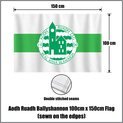 Aodh Ruadh Ballyshannon 100cm x 150cm Flag (sewn on the edges), featuring the club crest and white and green colours; County Donegal GAA. ClubFlags.ie.