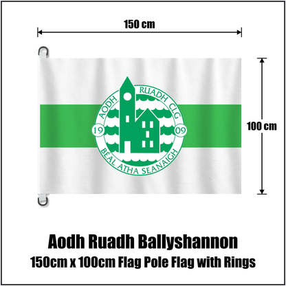 Aodh Ruadh Ballyshannon 150cm x 100cm Flag Pole Flag with Rings, featuring the club crest and white and green colours; County Donegal GAA. ClubFlags.ie.
