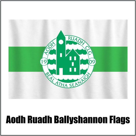 Aodh Ruadh Ballyshannon Flags, featuring the club crest and white and green colours; County Donegal GAA. ClubFlags.ie.