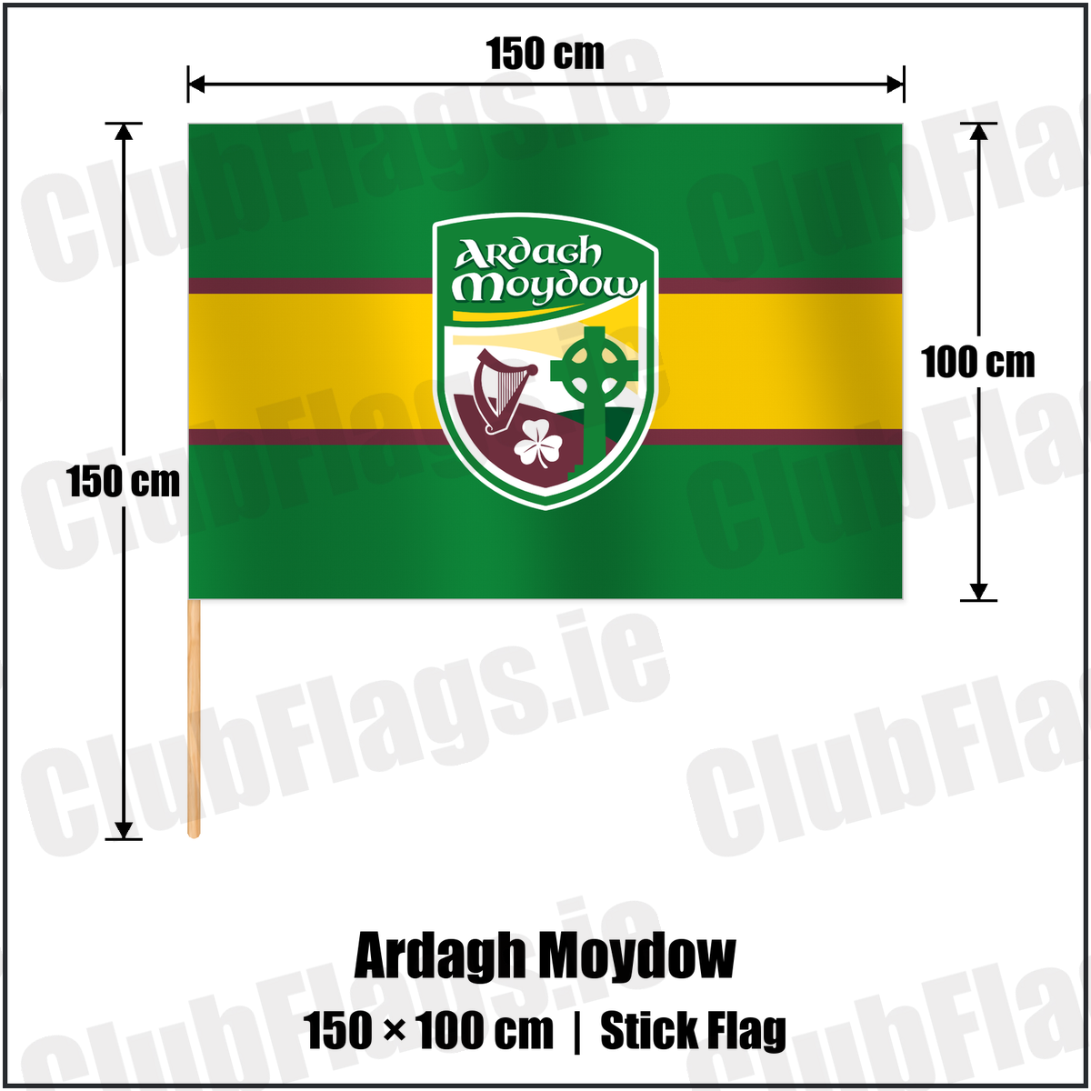 Ardagh Moydow 100cm x 150cm Stick Flag with the club crest and colours, Longford GAA - ClubFlags.ie